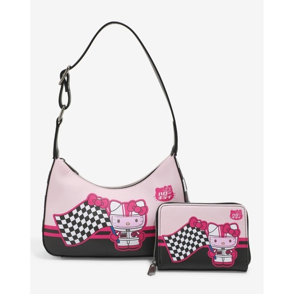 NEW LOUNGEFLY Sanrio Hello Kitty CAR RACER HOT PINK BLACK Shoulder Bag & Wallet! - Picture 1 of 9